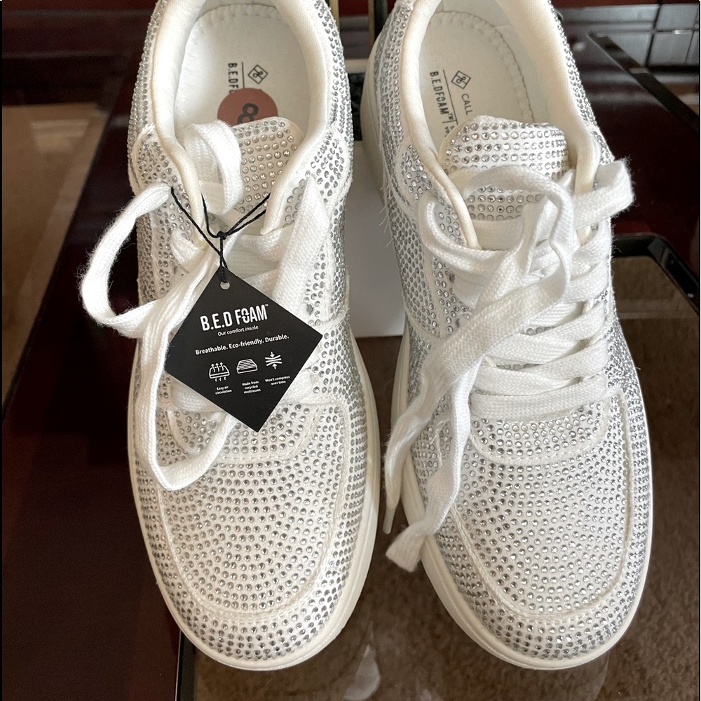 Call It Spring, white sneakers, new, glitters, bed foam